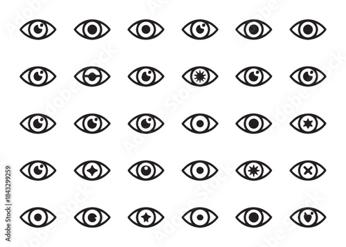 Set of black and white eye icons with various pupil shapes, representing vision, privacy, and user interface elements