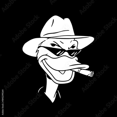 Cartoon duck wearing sunglasses and hat with a cigar on black background