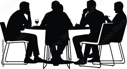 Four businessmen meeting silhouette, group of men talking at a table, corporate discussion, deal, black and white vector illustration.