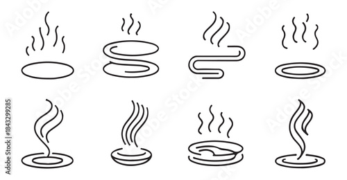 Set of eight steam icons with varied wavy lines indicating rising vapor from different shapes like circles and swirls