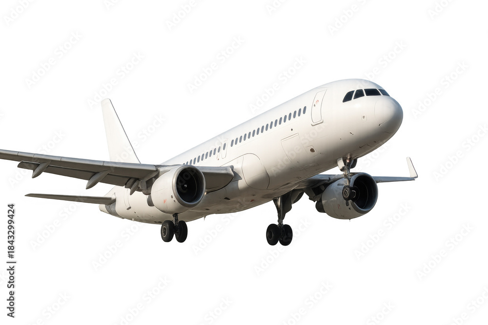 Fototapeta premium White passenger jet airplane landing or taking off, flying with landing gear extended, on transparent background