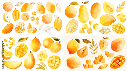 Bright watercolor mango illustrations featuring whole mangos, slices, cubes, leaves, and tropical details. Ideal for food branding, packaging, summer themes, and decorative artwork.