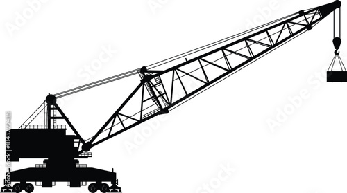 Heavy Duty Construction Crane Silhouette Lifting Cargo Container Against White Background, Industrial Engineering Machinery, Power, Development, and Transportation Vector Illustration