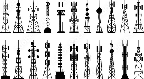 Communication Tower Silhouettes Vector Icons: Set of Diverse Antenna Masts for Cellular Mobile Networks, Radio Broadcast, and Wireless Telecommunication Systems.