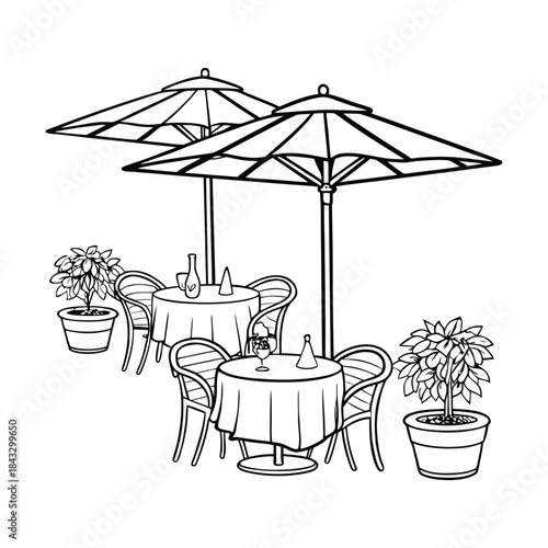 Luxury wooden furniture with chairs and an umbrella set on a summer patio offers a scenic nature view of a garden cafe in the park and city