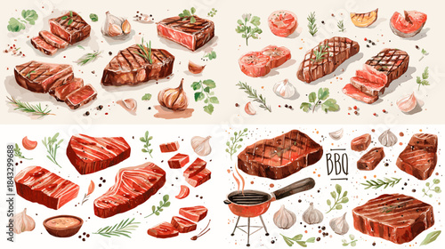 Watercolor illustrations of steak cuts, grilled meat, herbs, garlic, spices, and barbecue tools. Perfect for food menus, cooking themes, culinary branding, and recipe artwork.