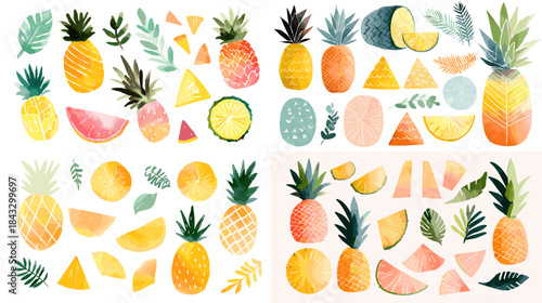Watercolor illustrations of pineapples, citrus slices, melons, and tropical fruit elements in bright fresh colors. Ideal for food design, summer themes, packaging, and decorative artwork.