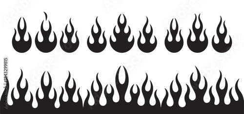 Collection of various black flame design elements and borders on a white background suitable for many uses