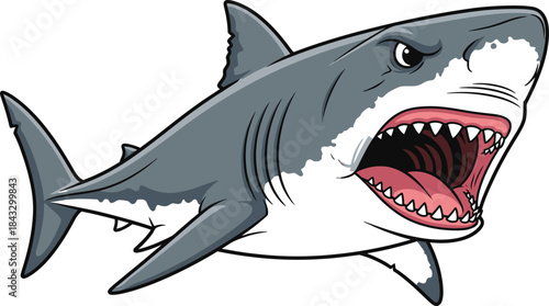 Cartoon great white shark illustration with open mouth and visible teeth on transparent background