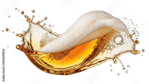 A dynamic splash of refreshing golden beer with a creamy white foam head, isolated on transparent background