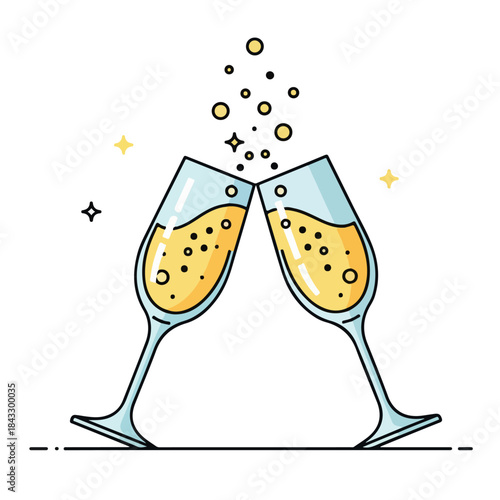Champagne glasses clinking, minimal cartoon 