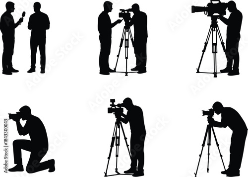 Journalist Reporter Interview Videographer Photographer Silhouette Vector Set Isolated White Background News Media Television