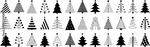 "Massive Set of Black Christmas Tree Icons and Silhouettes in Various Modern and Traditional Styles Perfect for Holiday Graphic Design and Decor."