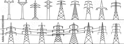 Set of black outline high voltage electricity transmission towers and power line pylons isolated on white background for energy industry.