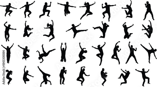 Jumping People Silhouettes, Dynamic Group of Adults and Teenagers in Motion, Excitement, Success, Freedom and Joyful Celebration, Black and White