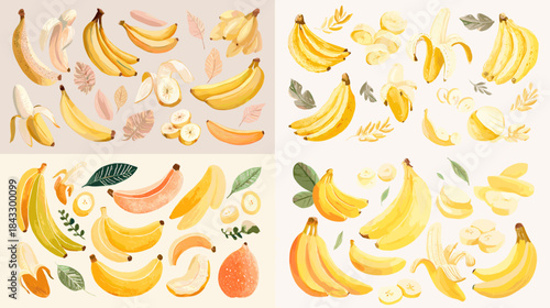 A fresh collection of banana illustrations featuring whole bananas, slices, leaves, and decorative elements. Perfect for food design, packaging, kitchen art, and tropical themed graphics.