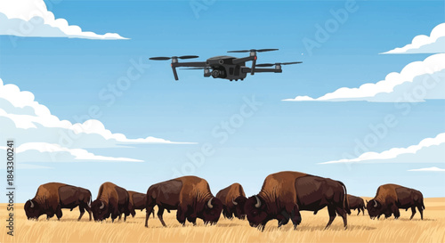 Unmanned Aerial Vehicle (UAV) Drone Flying Over a Herd of American Bison or Buffalo on a Vast Grassland Plain, Used for Surveillance or Agriculture