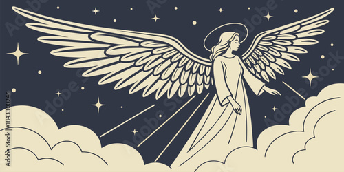 Serene celestial angel with large wings descends through a starry night sky above soft clouds