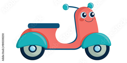 Cute smiling cartoon scooter illustration in coral and teal colors perfect for children's design projects