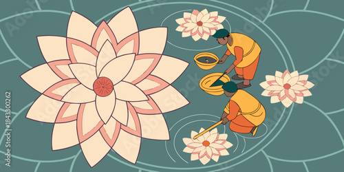 Two workers tending to lotus flowers in a pond with large floral background design elements