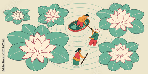 Asian farmers working in a pond filled with large blooming lotus flowers and lily pads illustration