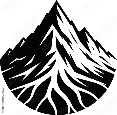 Stylized black and white vector graphic illustrating rugged mountain peaks and deep valleys contained within a striking, inverted teardrop or water droplet shape.