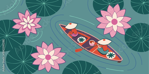 Two people in a small boat paddling through a pond filled with large pink lotus flowers and lily pads