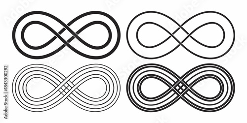 Collection of four distinct black and white infinity symbols showcasing various line weights and knot styles