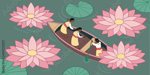 Three people in a small boat navigating a pond filled with large blooming pink water lilies and pads