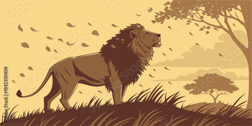 Majestic male lion stands proudly on a grassy savanna hill under a windy sky with falling leaves