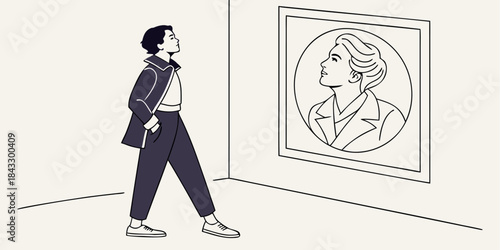 Visitor in a modern art gallery thoughtfully observing a framed portrait of a historical figure or icon