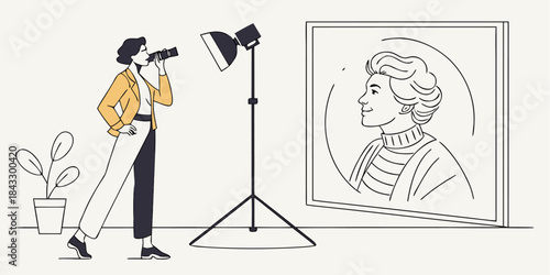 Female photographer captures a professional portrait using studio lighting equipment in a minimalist setting