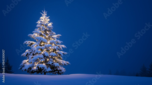 Christmas tree in forest. Christmas tree in snow covered pine woods at night