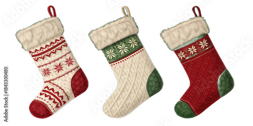 Realistic Christmas Stockings, Red White Green Festive Stocking Illustrations, Semi-Realistic Vector Art