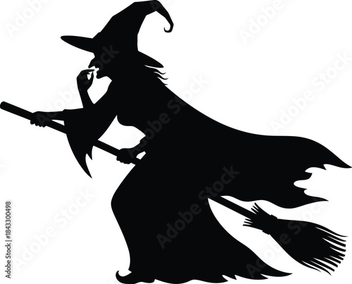 Silhouette of a witch on a broomstick flying a spooky halloween image on transparent background