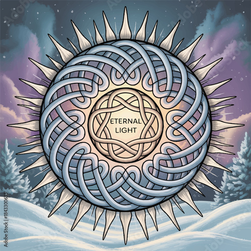 Artistic winter solstice illustration featuring celestial symbols, glowing moons, sacred geometry, seasonal trees, and ritual-inspired imagery. This atmospheric design represents the longest night of 