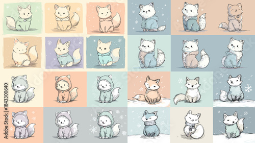 Adorable fox illustrations in cozy winter outfits and soft pastel colors. Perfect for nursery design, kids decor, cute character collections, and gentle seasonal artwork.