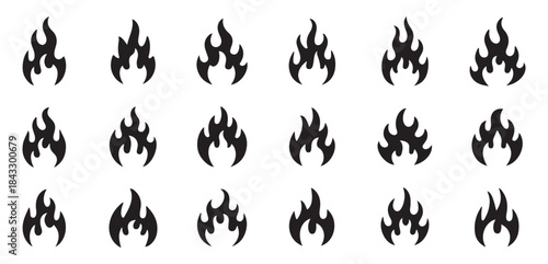 Set of black fire icons, flame silhouette vector collection, simple flat style fire pictograms isolated on white