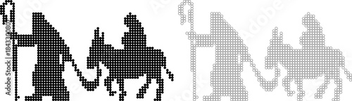 Hooded Figure Walking with Donkey in Black and White Silhouette