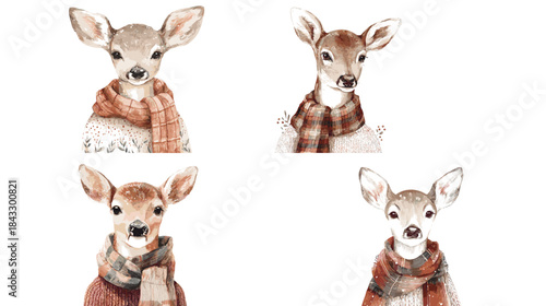 Elegant deer portraits wearing warm scarves in a soft watercolor style. Perfect for winter themes, woodland decor, nursery art, and rustic seasonal illustrations.