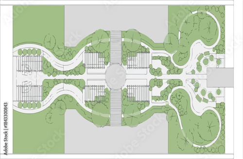 Conceptual Architectural Master Plan Illustration with Symmetrical Green Spaces and Pathways isolated PNG with Transparent Background