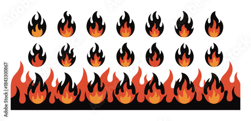 Orange and red flame icons with black border and a large fire strip, isolated on a white background