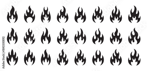 Black fire icons set, flame silhouette vector collection, simple flat style fire pictograms isolated on white