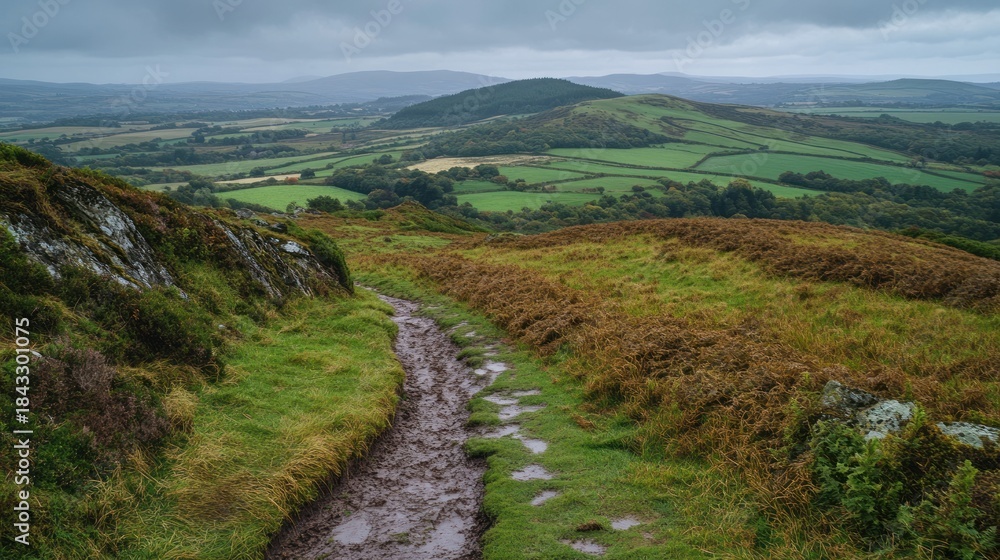 Fototapeta premium Misty hilltop path winding through autumnal countryside