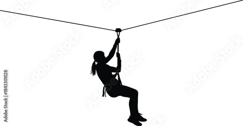 Silhouette of a person riding a zip line enjoying outdoor adventure on transparent background