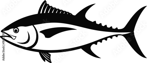 Elegant black silhouette of a tuna fish showcasing streamlined form on transparent background