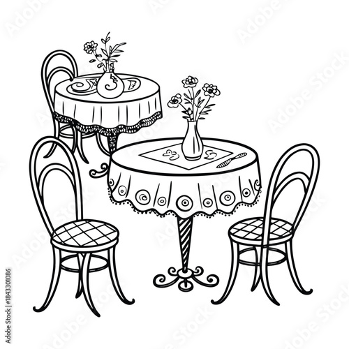 Empty vintage wooden table and chairs set in a minimalist cafe interior featuring a modern furniture design for elegant dining with nobody present