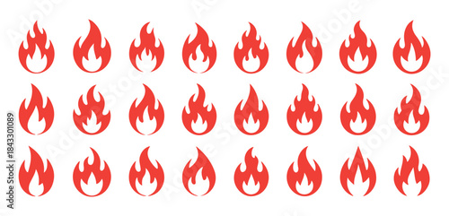 Red fire icon set, flame vector collection, simple flat style fire pictograms isolated on a white background