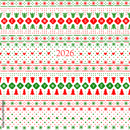 2026 merry christmas. happy new year. winter hand drawn repetitive background. red, green, white christmas ornament. vector seamless pattern. fabric swatch. wrapping paper. textile template. greeting 