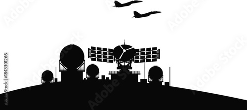Military Radar Station Silhouette on Hilltop with Fighter Jets Flying Above against White Sky, Symbolizing Air Defense, Surveillance, and National Security.
